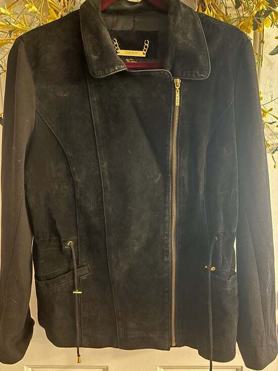 IMAN Jackets & Blazers - IMAN Global Chic Women's Black Suede Leather Asymmetrical Moto Jacket